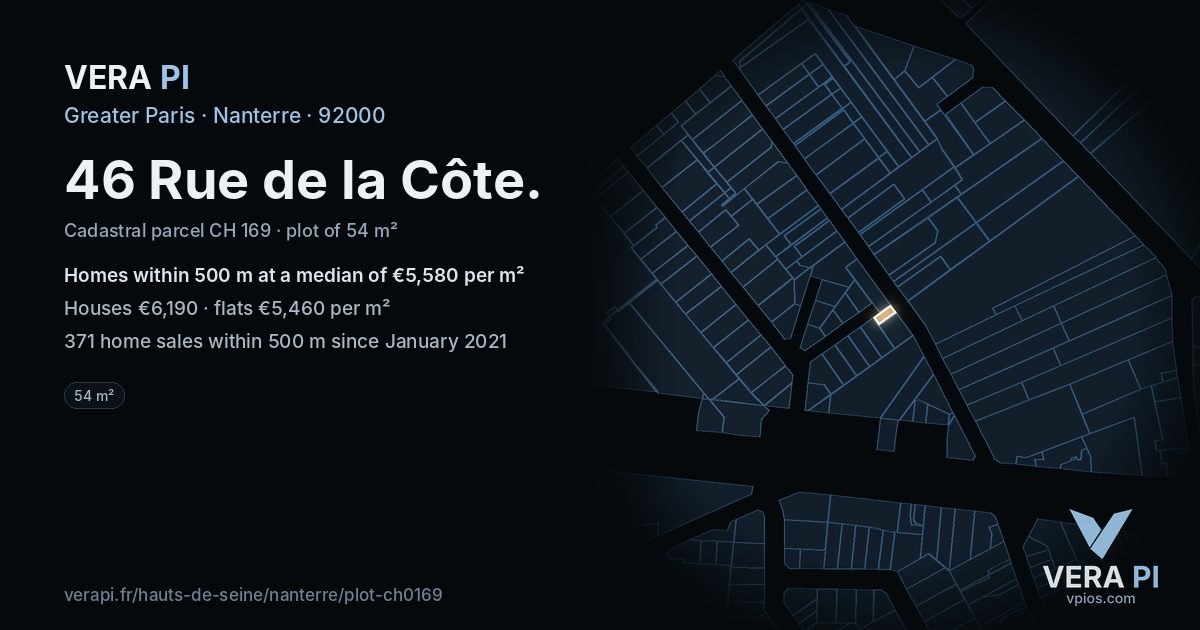 46 Rue de la Côte, Nanterre at night – the plot lit, the parcels around coloured by the prices near them
