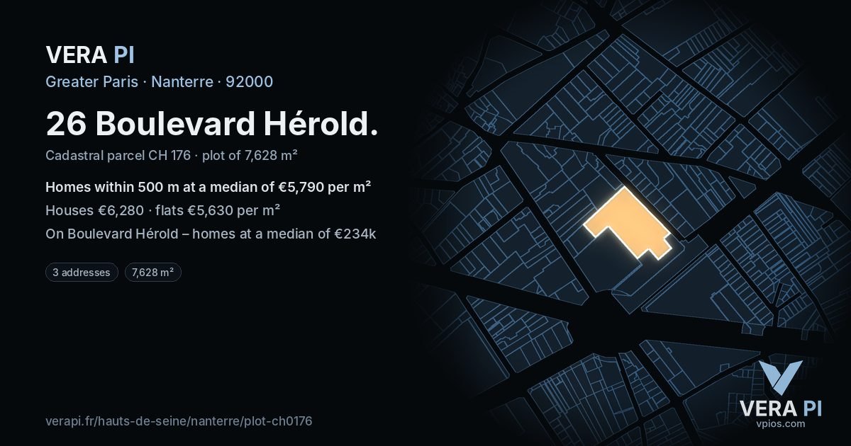 26 Boulevard Hérold, Nanterre at night – the plot lit, the parcels around coloured by the prices near them