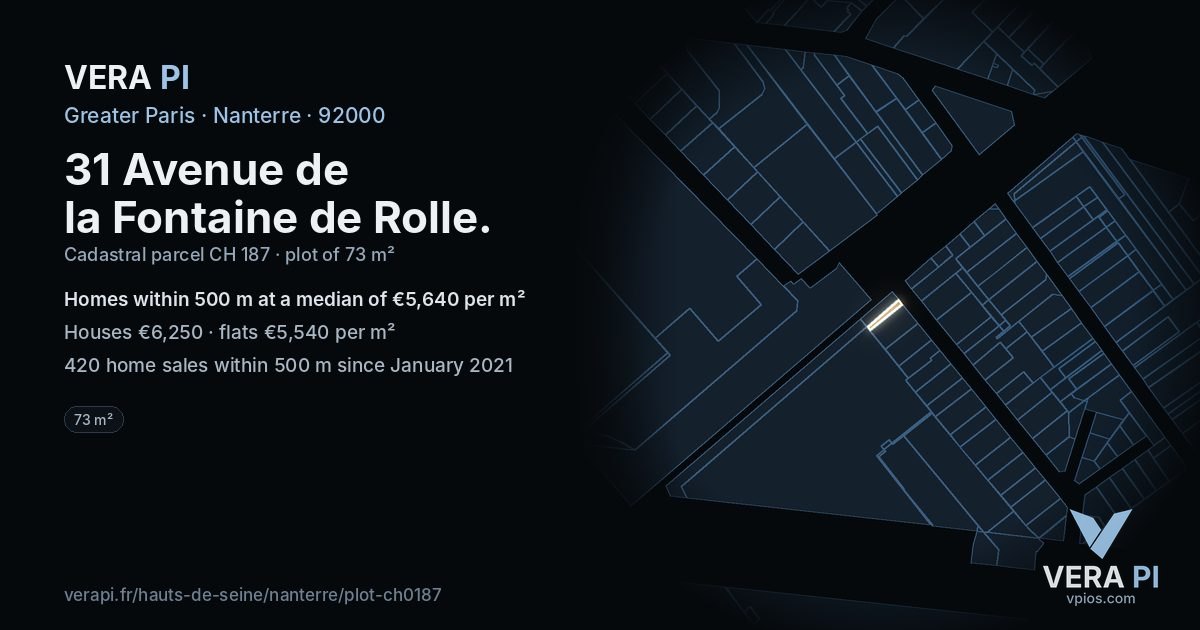 31 Avenue de la Fontaine de Rolle, Nanterre at night – the plot lit, the parcels around coloured by the prices near them