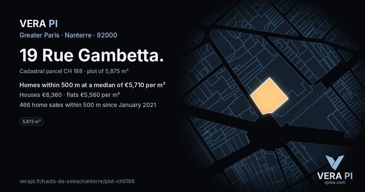 19 Rue Gambetta, Nanterre at night – the plot lit, the parcels around coloured by the prices near them