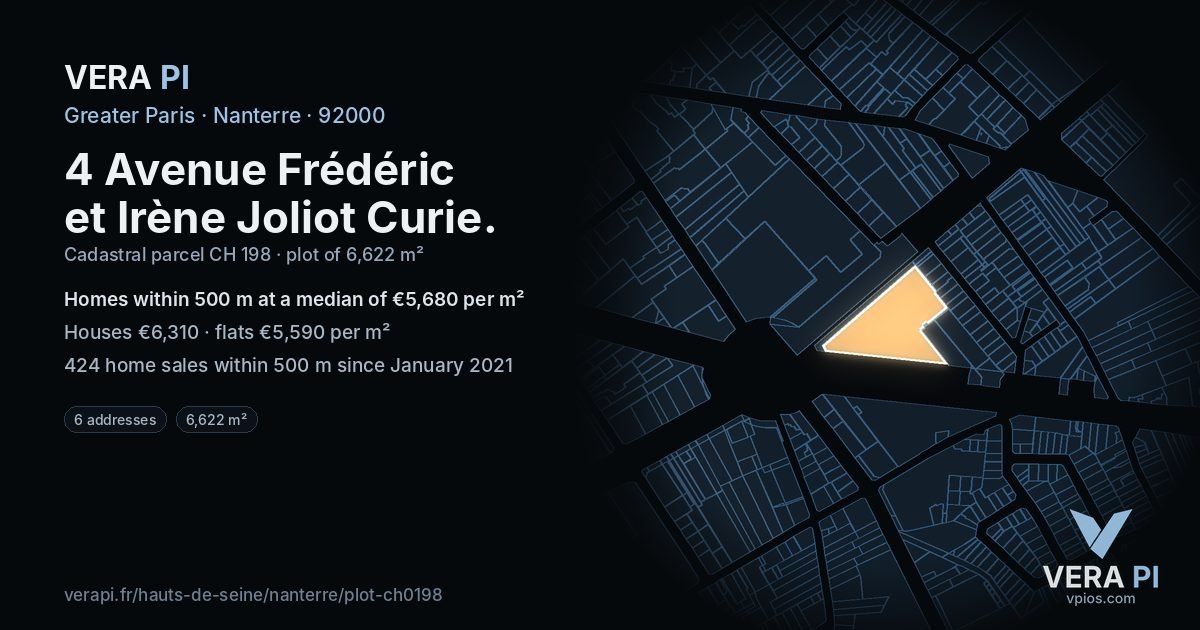 4 Avenue Frédéric et Irène Joliot Curie, Nanterre at night – the plot lit, the parcels around coloured by the prices near them