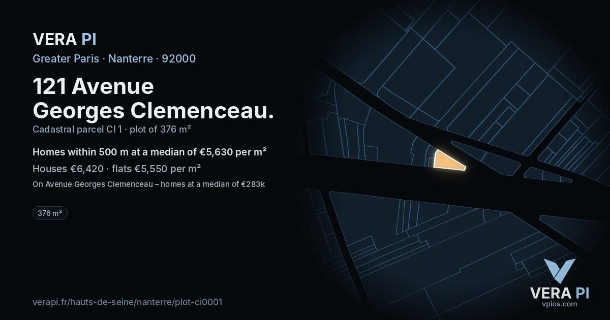 121 Avenue Georges Clemenceau, Nanterre at night – the plot lit, the parcels around coloured by the prices near them