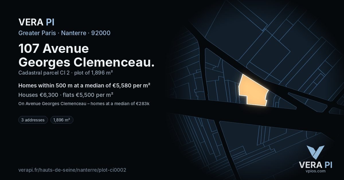 107 Avenue Georges Clemenceau, Nanterre at night – the plot lit, the parcels around coloured by the prices near them
