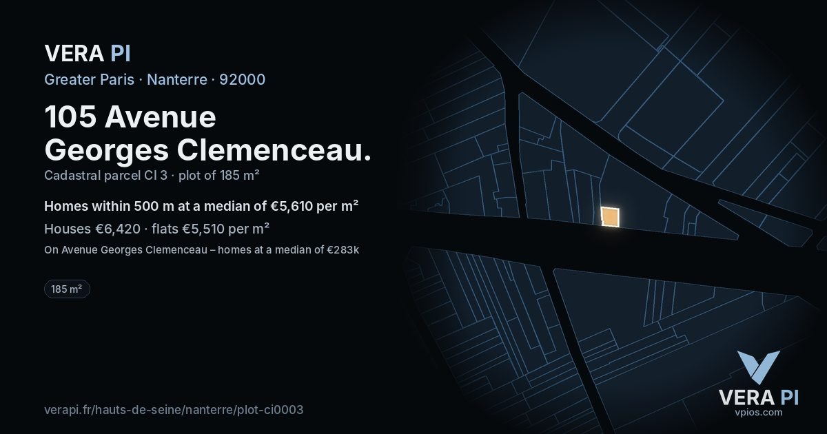 105 Avenue Georges Clemenceau, Nanterre at night – the plot lit, the parcels around coloured by the prices near them
