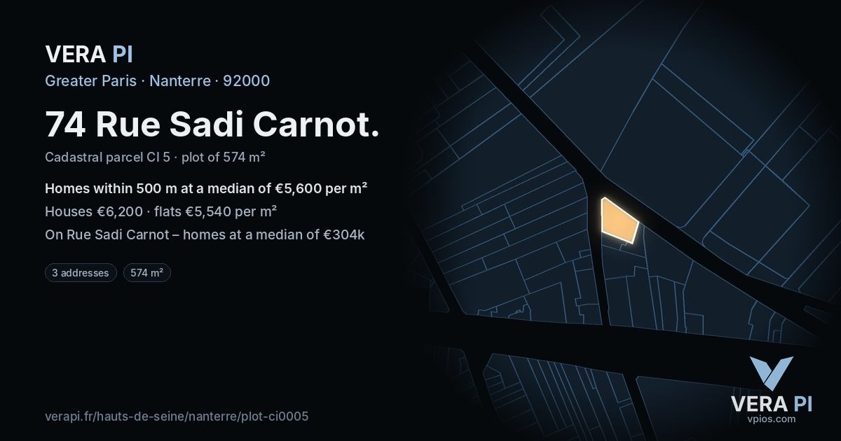 74 Rue Sadi Carnot, Nanterre at night – the plot lit, the parcels around coloured by the prices near them
