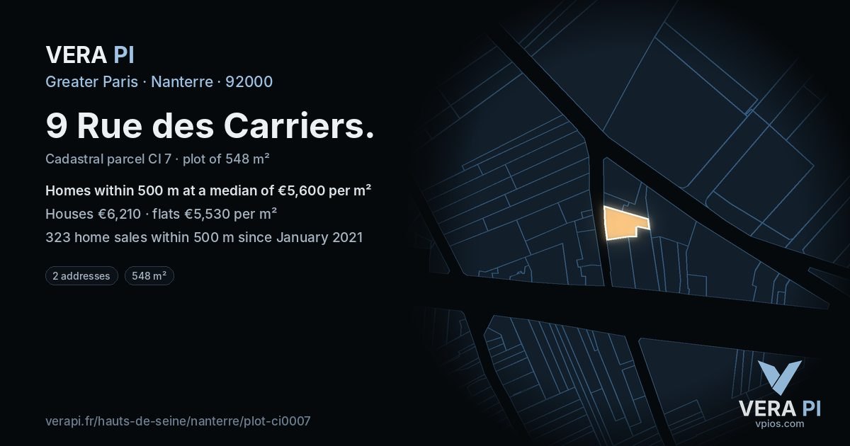 9 Rue des Carriers, Nanterre at night – the plot lit, the parcels around coloured by the prices near them