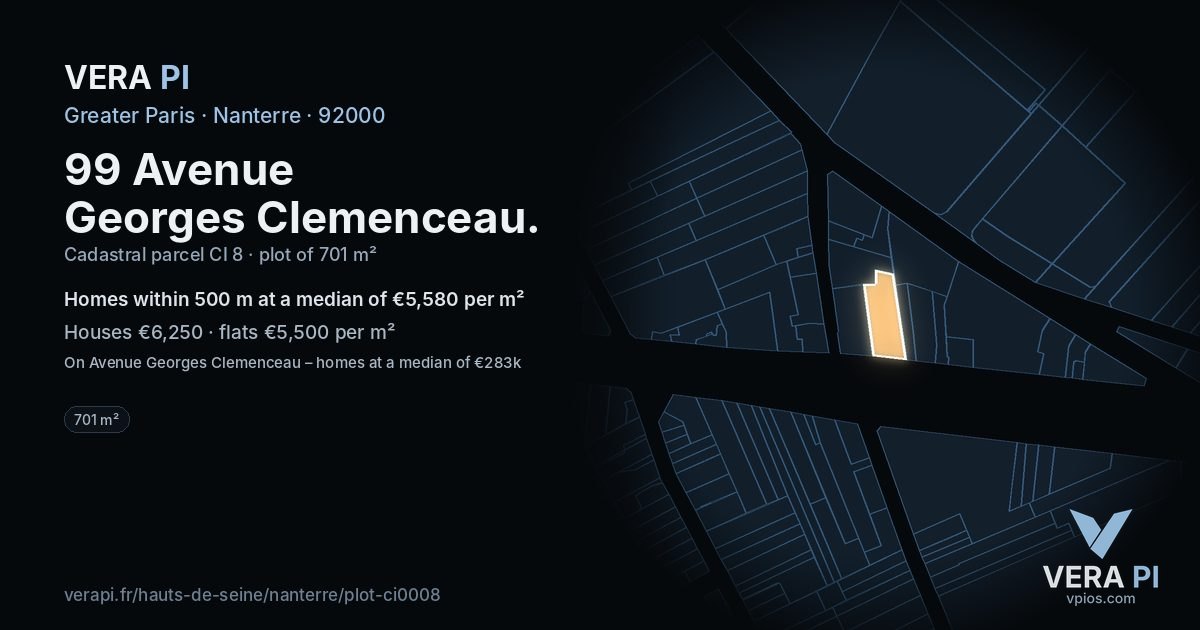 99 Avenue Georges Clemenceau, Nanterre at night – the plot lit, the parcels around coloured by the prices near them
