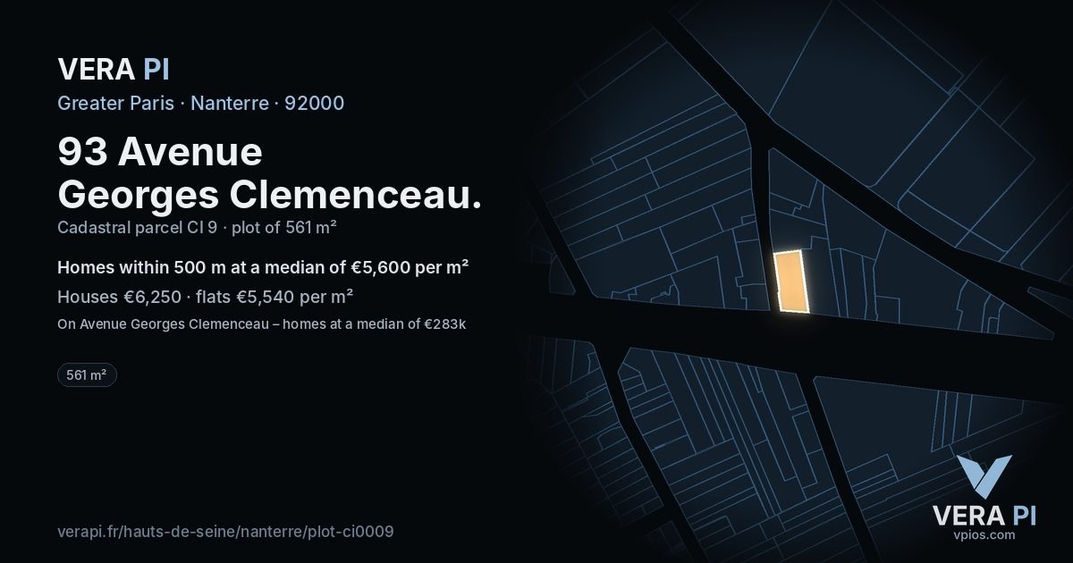 93 Avenue Georges Clemenceau, Nanterre at night – the plot lit, the parcels around coloured by the prices near them