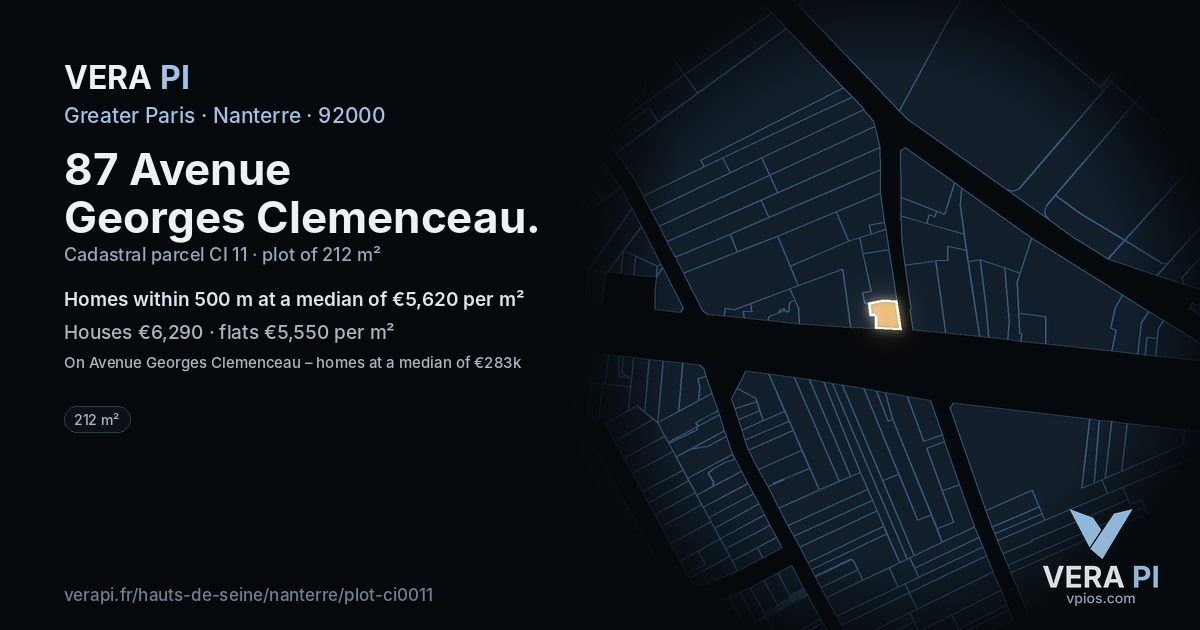 87 Avenue Georges Clemenceau, Nanterre at night – the plot lit, the parcels around coloured by the prices near them