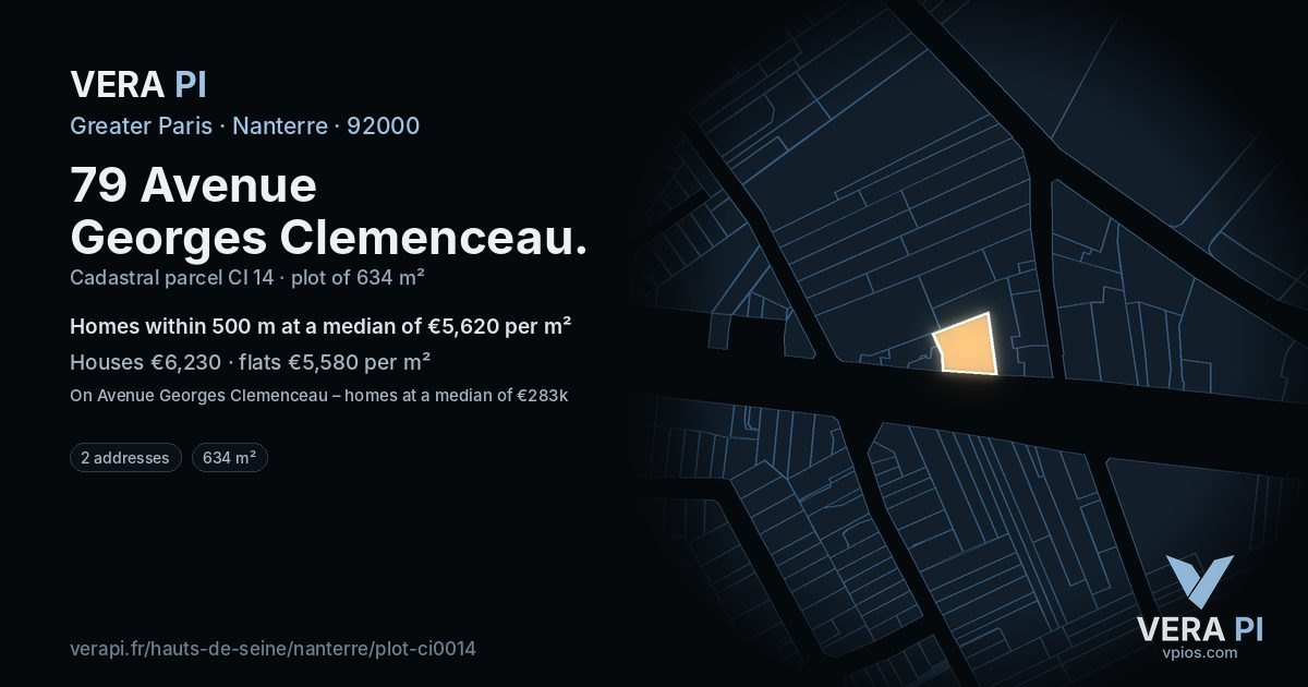 79 Avenue Georges Clemenceau, Nanterre at night – the plot lit, the parcels around coloured by the prices near them
