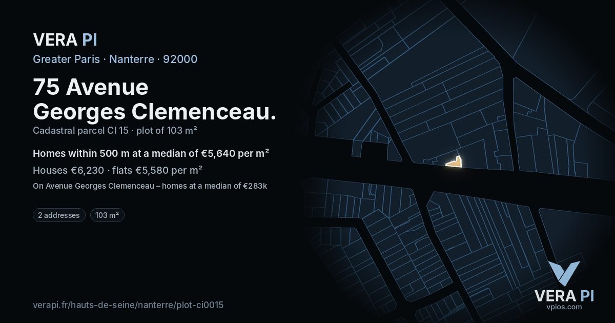 75 Avenue Georges Clemenceau, Nanterre at night – the plot lit, the parcels around coloured by the prices near them