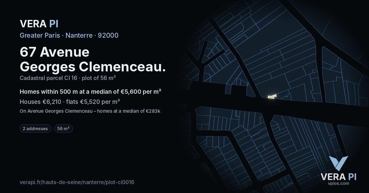 67 Avenue Georges Clemenceau, Nanterre at night – the plot lit, the parcels around coloured by the prices near them