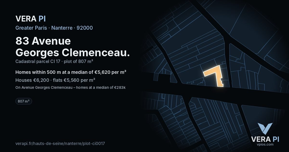 83 Avenue Georges Clemenceau, Nanterre at night – the plot lit, the parcels around coloured by the prices near them