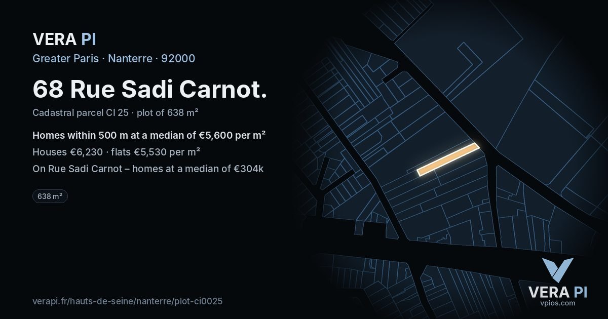 68 Rue Sadi Carnot, Nanterre at night – the plot lit, the parcels around coloured by the prices near them