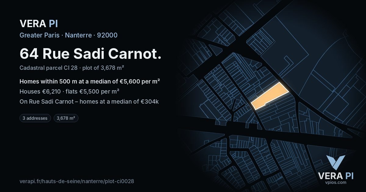 64 Rue Sadi Carnot, Nanterre at night – the plot lit, the parcels around coloured by the prices near them