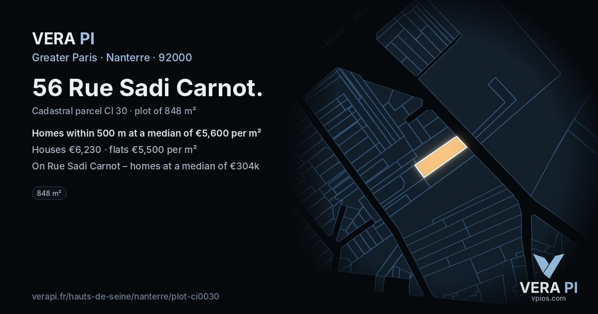 56 Rue Sadi Carnot, Nanterre at night – the plot lit, the parcels around coloured by the prices near them
