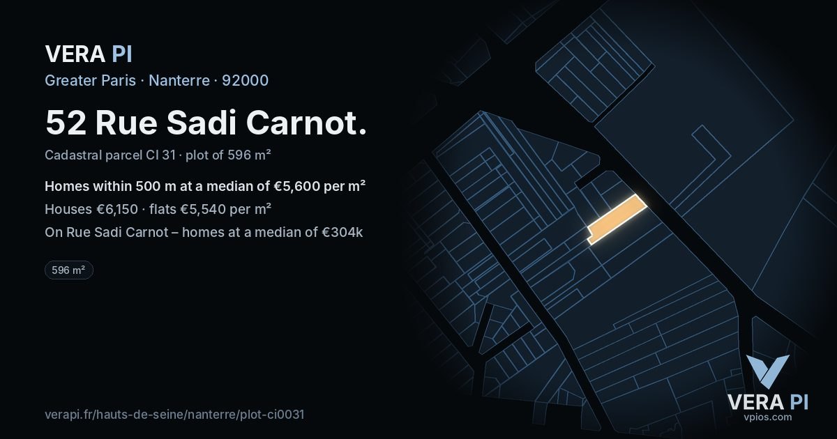 52 Rue Sadi Carnot, Nanterre at night – the plot lit, the parcels around coloured by the prices near them