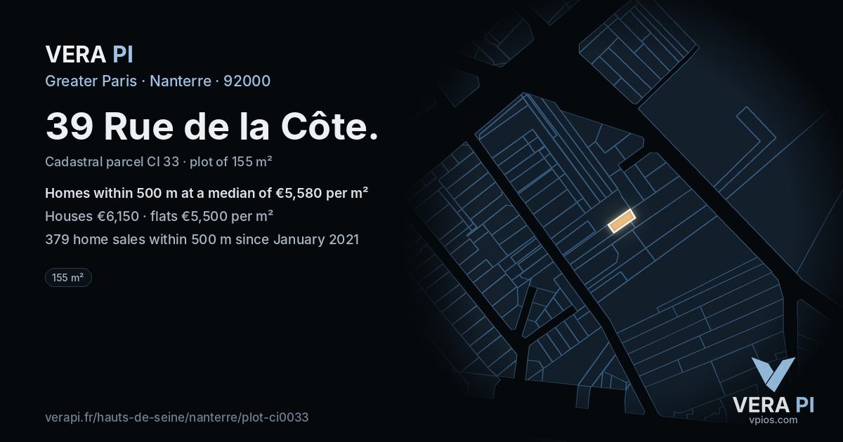 39 Rue de la Côte, Nanterre at night – the plot lit, the parcels around coloured by the prices near them