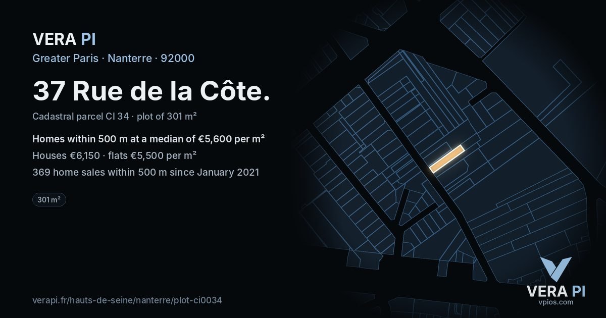 37 Rue de la Côte, Nanterre at night – the plot lit, the parcels around coloured by the prices near them