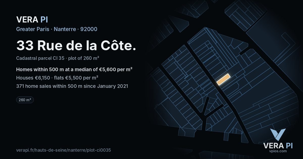 33 Rue de la Côte, Nanterre at night – the plot lit, the parcels around coloured by the prices near them