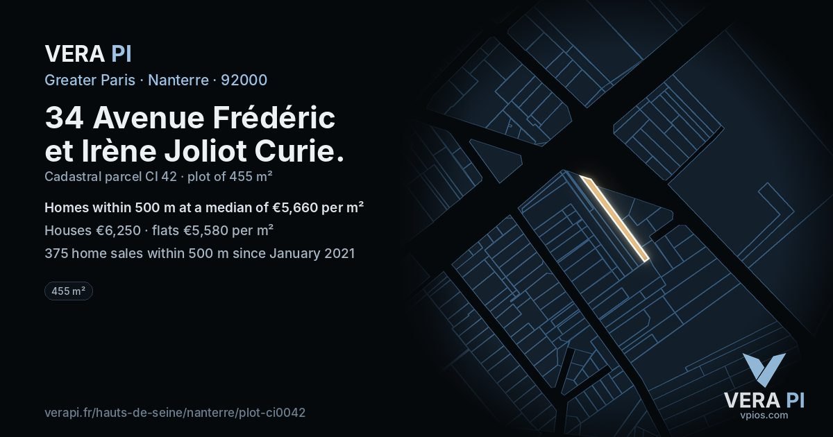34 Avenue Frédéric et Irène Joliot Curie, Nanterre at night – the plot lit, the parcels around coloured by the prices near them