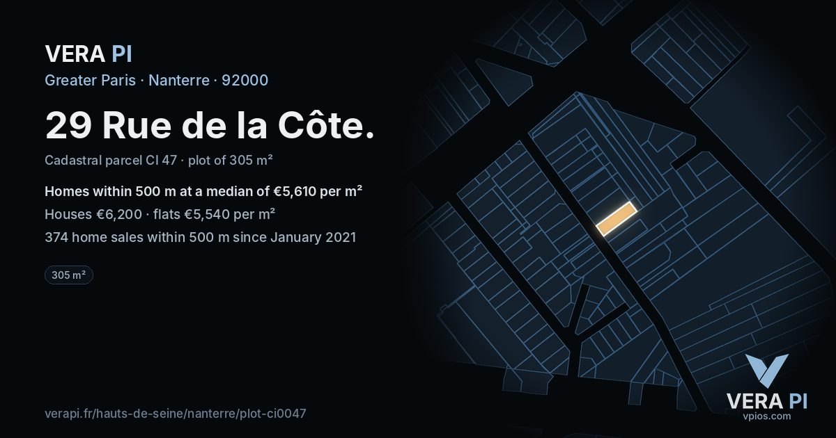 29 Rue de la Côte, Nanterre at night – the plot lit, the parcels around coloured by the prices near them