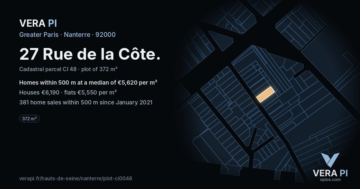 27 Rue de la Côte, Nanterre at night – the plot lit, the parcels around coloured by the prices near them
