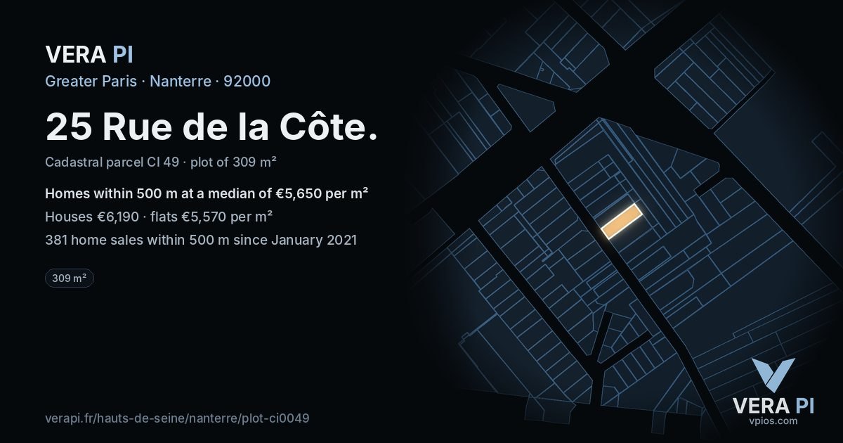 25 Rue de la Côte, Nanterre at night – the plot lit, the parcels around coloured by the prices near them