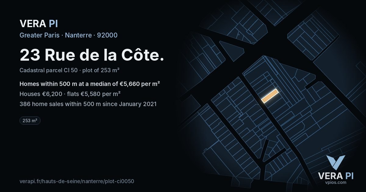 23 Rue de la Côte, Nanterre at night – the plot lit, the parcels around coloured by the prices near them