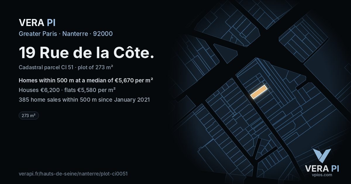 19 Rue de la Côte, Nanterre at night – the plot lit, the parcels around coloured by the prices near them