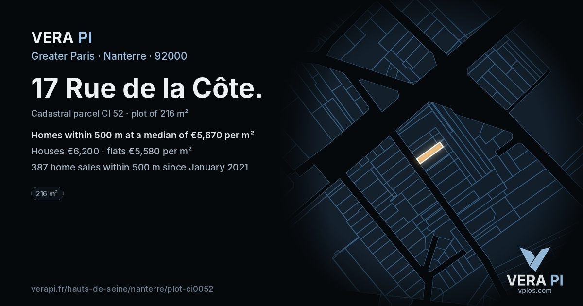 17 Rue de la Côte, Nanterre at night – the plot lit, the parcels around coloured by the prices near them