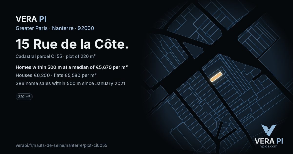 15 Rue de la Côte, Nanterre at night – the plot lit, the parcels around coloured by the prices near them