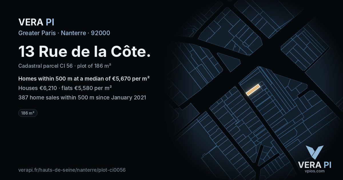13 Rue de la Côte, Nanterre at night – the plot lit, the parcels around coloured by the prices near them
