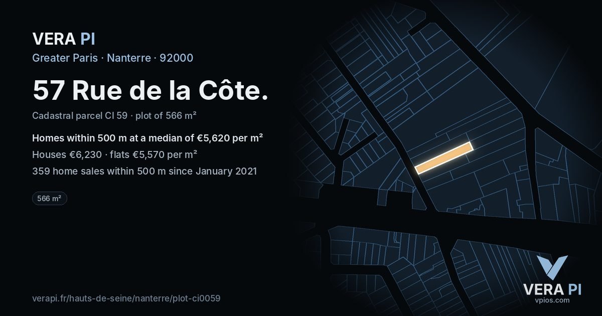 57 Rue de la Côte, Nanterre at night – the plot lit, the parcels around coloured by the prices near them