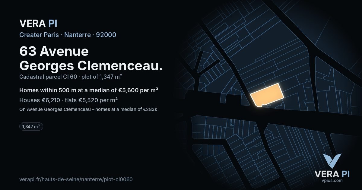 63 Avenue Georges Clemenceau, Nanterre at night – the plot lit, the parcels around coloured by the prices near them