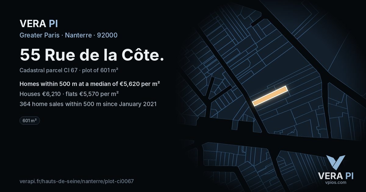 55 Rue de la Côte, Nanterre at night – the plot lit, the parcels around coloured by the prices near them