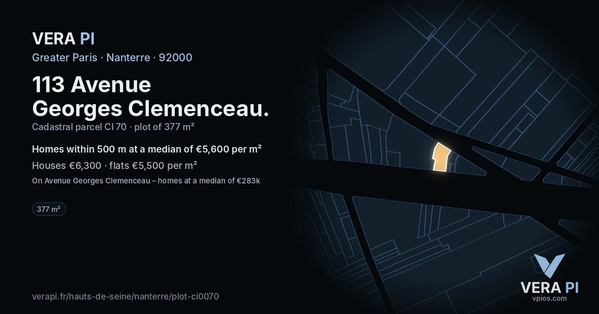 113 Avenue Georges Clemenceau, Nanterre at night – the plot lit, the parcels around coloured by the prices near them