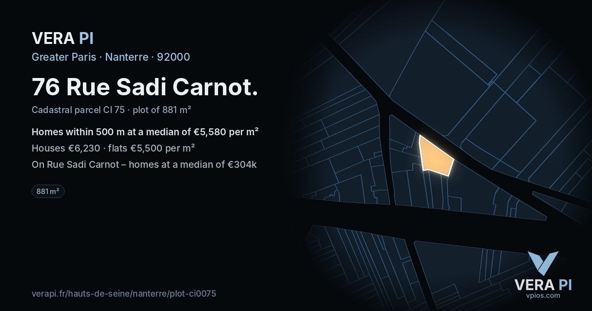 76 Rue Sadi Carnot, Nanterre at night – the plot lit, the parcels around coloured by the prices near them