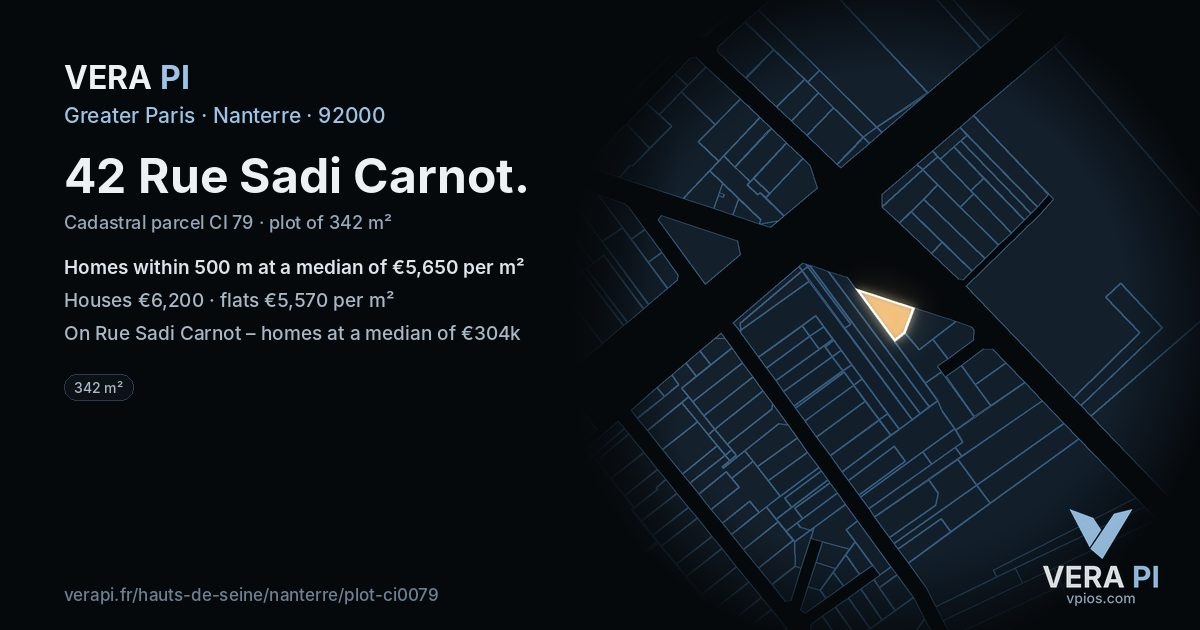 42 Rue Sadi Carnot, Nanterre at night – the plot lit, the parcels around coloured by the prices near them