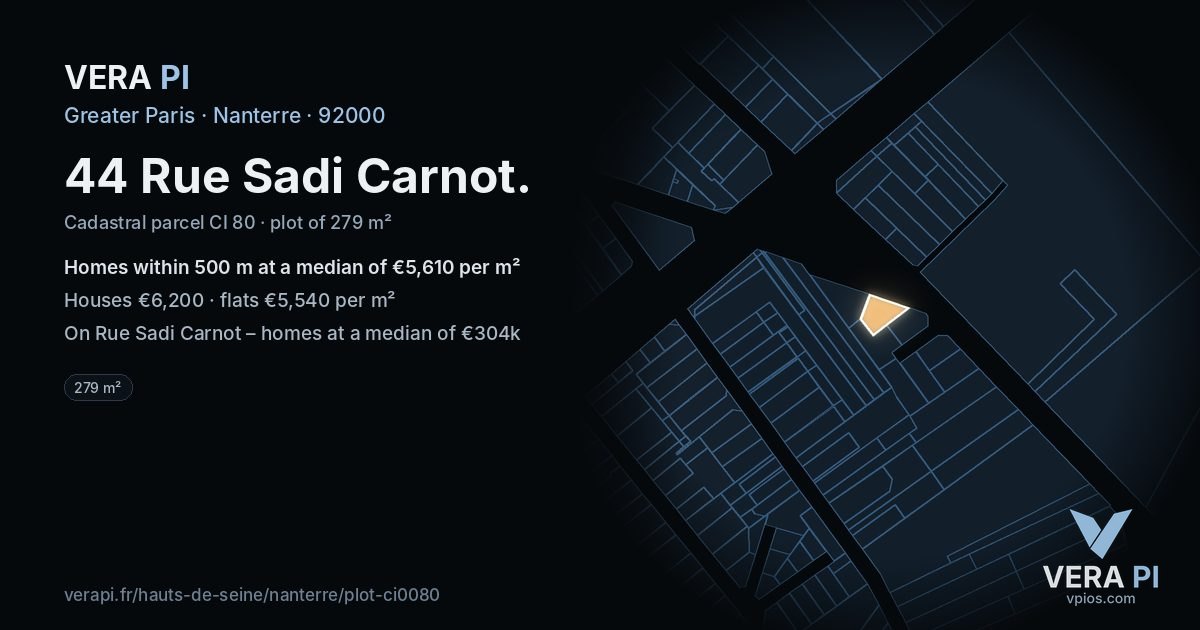 44 Rue Sadi Carnot, Nanterre at night – the plot lit, the parcels around coloured by the prices near them