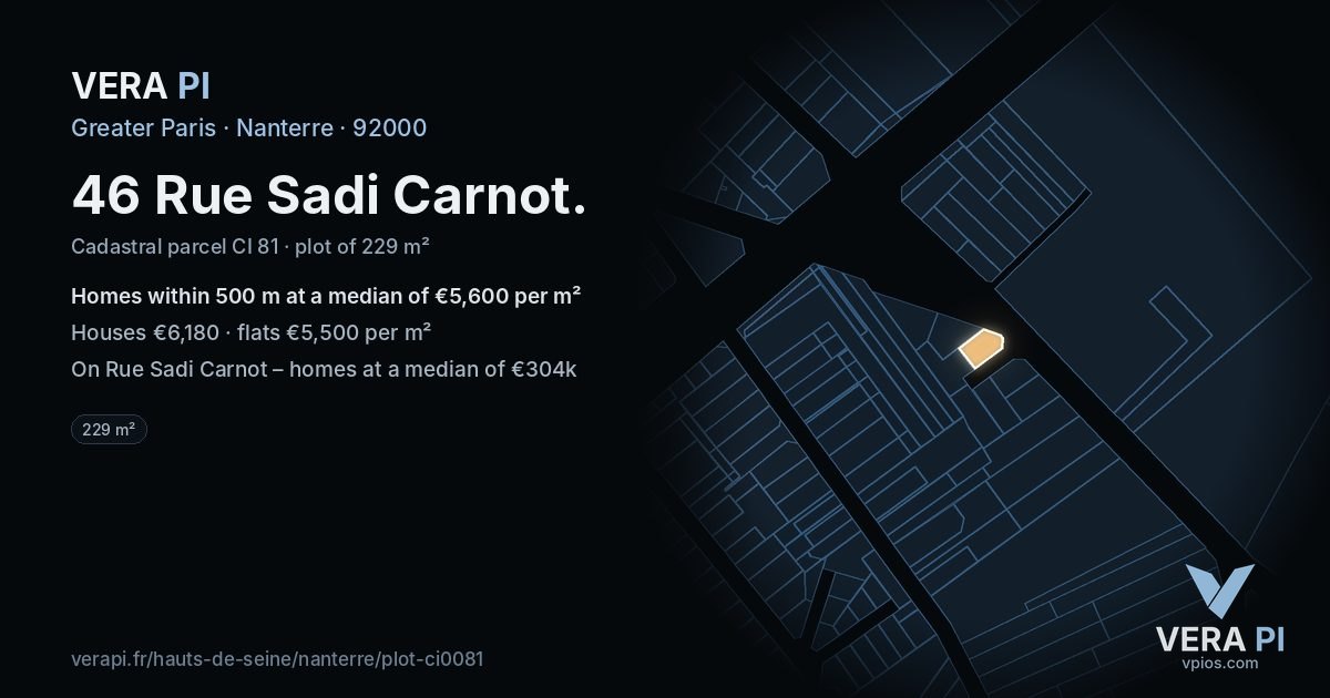 46 Rue Sadi Carnot, Nanterre at night – the plot lit, the parcels around coloured by the prices near them