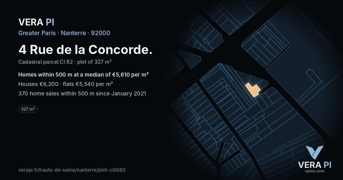 4 Rue de la Concorde, Nanterre at night – the plot lit, the parcels around coloured by the prices near them