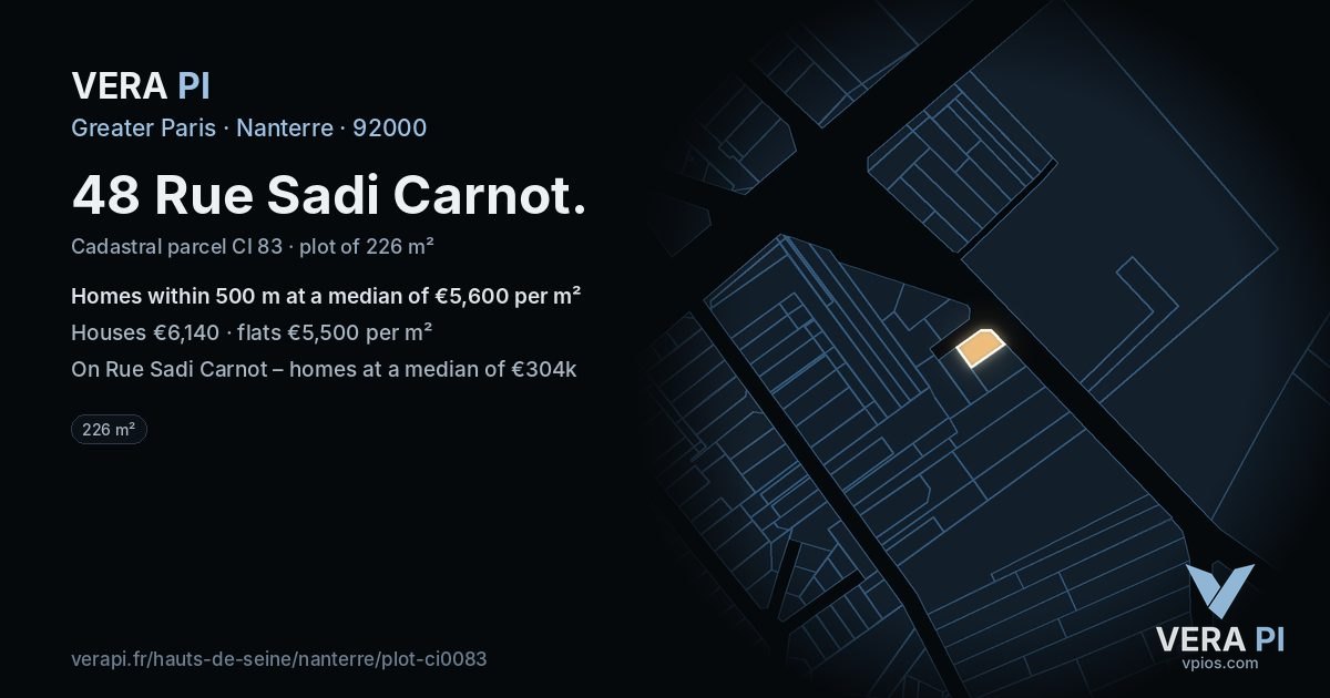 48 Rue Sadi Carnot, Nanterre at night – the plot lit, the parcels around coloured by the prices near them
