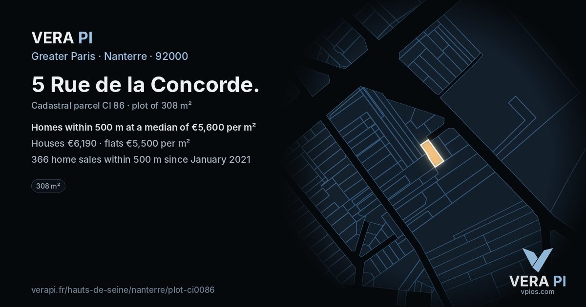 5 Rue de la Concorde, Nanterre at night – the plot lit, the parcels around coloured by the prices near them