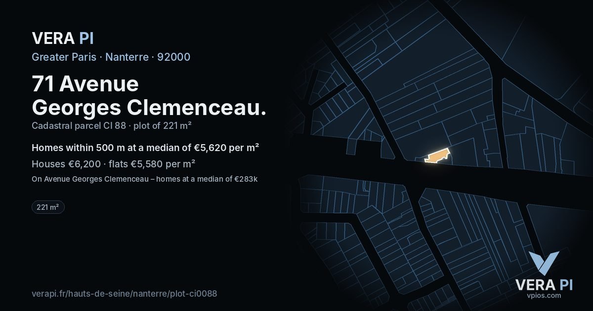 71 Avenue Georges Clemenceau, Nanterre at night – the plot lit, the parcels around coloured by the prices near them