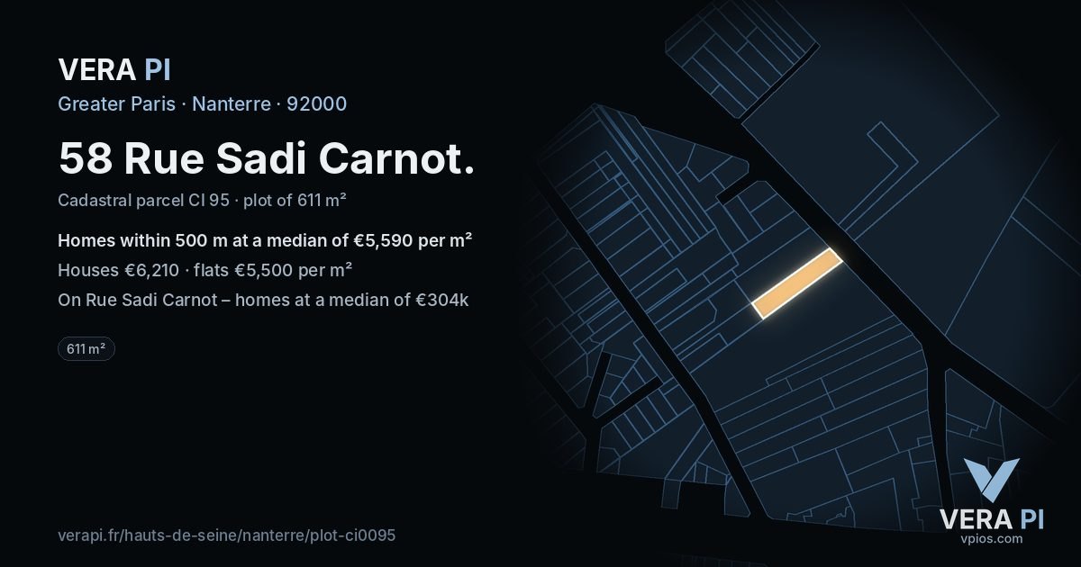 58 Rue Sadi Carnot, Nanterre at night – the plot lit, the parcels around coloured by the prices near them