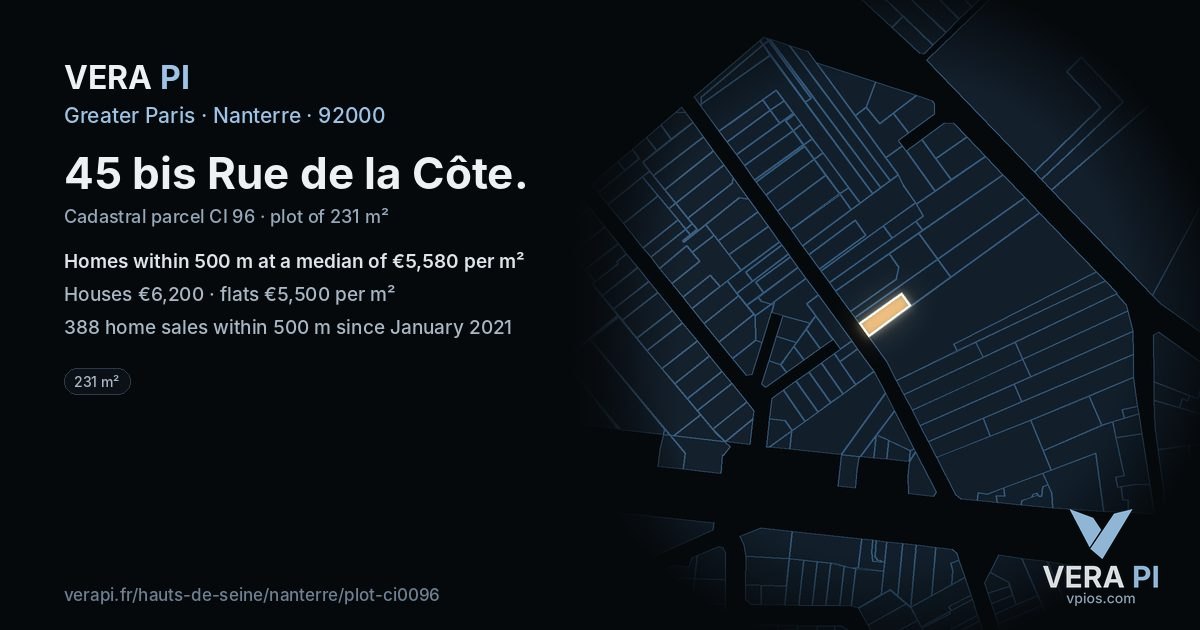 45 bis Rue de la Côte, Nanterre at night – the plot lit, the parcels around coloured by the prices near them