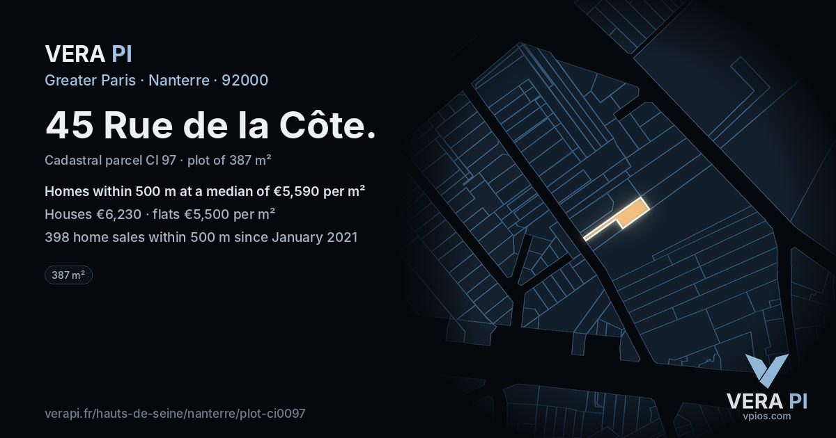 45 Rue de la Côte, Nanterre at night – the plot lit, the parcels around coloured by the prices near them