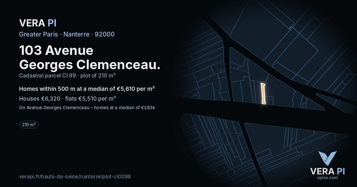 103 Avenue Georges Clemenceau, Nanterre at night – the plot lit, the parcels around coloured by the prices near them