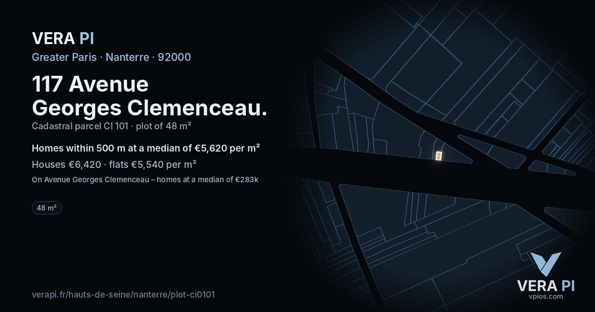 117 Avenue Georges Clemenceau, Nanterre at night – the plot lit, the parcels around coloured by the prices near them